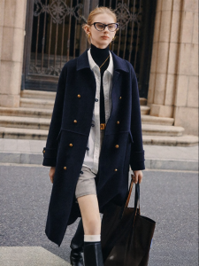 FAMANXUAN | Navy Double-sided Wool Coat for Petite Women Double-breasted