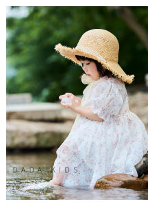 French Laffite Straw Girls Summer Beach Sun Hat Lace Bow Wide Brim Hat Fashionable Parent-Child Style Sun Protection Hat