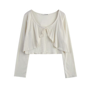 Blue Knitted Sun Protection Shirt Cover up Womens Summer Outerwear French Style Small Shawl Belted Vest Open Cardigan