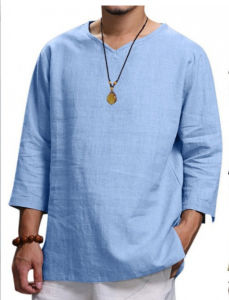 Fashion Men V Neck Nine-Quarter Sleeve Pure Color Loose T-shirt Shirt Mens V-neck Loose T-shirt