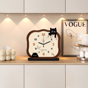 New 2025 Adorable Cat Desktop Clock Silent Cream Style Table Clock Living Room Entrance Clock Wood Material Static Design