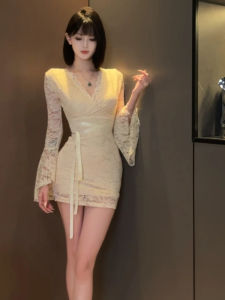 qiaocong | French Style Lace Trim V-Neck Flared Sleeve Slim Fitting Dress