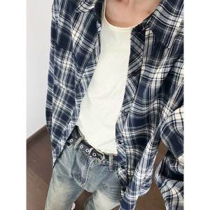 Mens Plaid Shirt Loose Long Sleeve Spring Autumn Fashionable Couple Outerwear Casual Youth Trendy Button Decorated Shirt