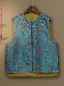 Blue Embroidered Silk Vest round Neck Tang Costume Style Buttoned Traditional Chinese Retro Design Autumn Fashion Womens Jacket