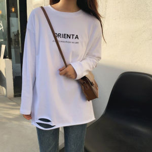 LINGLONGDAI | Áo thun cotton dài tay màu trắng cổ tròn mùa thu đông mới về dành cho nữ Áo thun cotton dày bên trong che mông