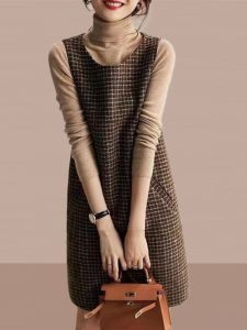 High Waist A-Line Midi Dress Womens Winter Thickened Wool Plaid Dress Korean Style Commute High Waist Skirt Dress