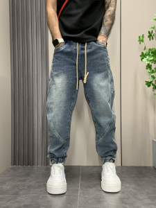 Cool Mens Autumn Winter Denim Pants Washed Retro Trendy Harlan Trousers Multiple Pockets Slim Fit Long Cotton Polyester Blend