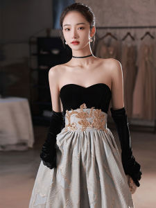 ชุดราตรีสีดำหรูหรา ชุดยาวคลุมเข่า ผ้าไนลอน ชุดงานวันเกิด ชุดการแสดง ชุดงานปาร์ตี้สำหรับผู้หญิง ชุดพิธีกร