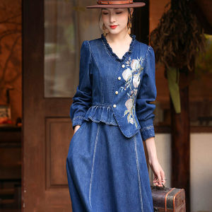 Retro Embroidered Heavy Work Denim Dress V-Neck Long Sleeve mid Waist Cotton Blend Autumn New Style A-Line Midi Dress