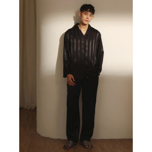 me home wear | New Mens Stripe Ice Silk Satin Sleepwear Set Long Sleeve