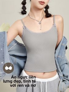 MiiOW | Áo ba lỗ ren viền một mảnh dành cho nữ Áo ngực có đệm Áo ba lỗ cổ tròn thường ngày mùa hè 2025 Áo ba lỗ một mảnh
