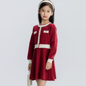 Girls Knitted Sweater Dress Red Small Fragrance Style Long Sleeve Pleated Autumn Winter Childrens Clothing Midi Dress for Kids