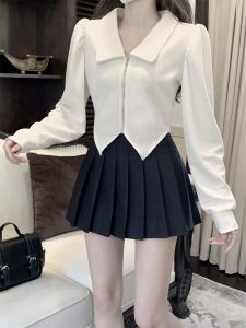 Korean Style Pure Desire Long Sleeve Collared T-Shirt Womens Slim Fit Zipper Open Cardigan Top Spring Autumn New Design