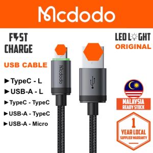 1 Yr Warranty MCDODO 60W 36W PD USB Data Cable TypeC To iP Micro Quick Fast Quick Charging LED Switching 1M