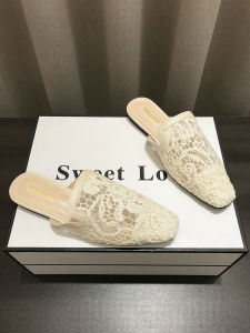 New Chinese Style Womens Lace Hollow out Flat Bottom Sandals Breathable Mesh Slip-On Slippers Comfortable Footwear for Spring Summer