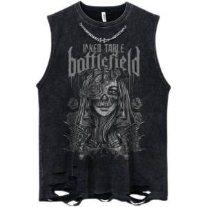 เสื้อยืดแขนกุดสไตล์อเมริกันย้อนยุคสำหรับผู้ชายและผู้หญิง สไตล์ฮิปฮอปสีเข้ม Y2K แขนกุดเสื้อกั๊กสุดเทรนด์