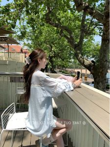Blue Womens Sun Protection Shirt Lace Lightweight Breathable Summer Korean Design Splice Transparent Long Sleeve Casual Top