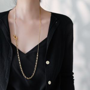 Non-Fading Heavy-Metal 18K Gold Plated Long Necklace Sweater Chain Simple Versatile OT Buckle Titanium Steel Geometric Pendant Womens Jewelry