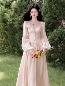 French Style Beautiful Unique Gentle Sweet Pink Dress Elegant High Waist Lantern Sleeve Long Sleeve Fairy Skirt for Women