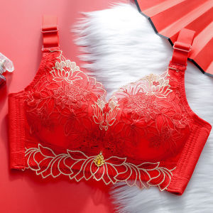 Red Wedding Underwear Set Womens Bra And Panties Adjustable No Steel Ring Festive Gather Small Chest Nylon Fabric Lace Design