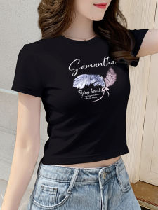 Áo Thun Nữ Tay Ngắn Màu Đen Ôm Vừa Vặn Mùa Hè 2025 Áo Thun Cotton Thường Ngày in Họa Tiết Cổ Tròn Cạp Cao