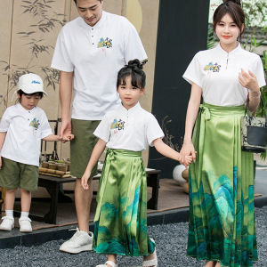 Retro Style Family Matching Cotton Shirt And Skirt Set for Mom Daughter And Son Spring Summer Collection Three to Four Members
