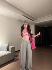 VKSOD | American Style Hot Girl Pink Print Short Crop Top Womens High Waist Casual Wide Leg Pants Set Summer Leisure Fashion