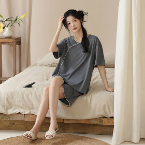 MiiOW | New Chinese Style Silk Sleepwear Womens Summer Thin Ice Silk Short Sleeve Shorts Home Clothes Set With Chest Pad Round Neck Pure Color