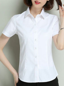 เสื้อเชิ้ตแขนสั้นผู้หญิง ทรงเข้ารูป ใส่ทำงาน ฤดูร้อน 2025 ชุดทำงานสไตล์เกาหลี ผ้าฝ้ายผสมโพลีเอสเตอร์ ปกโปโล
