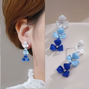 Silver Needle Gradient Blue Flower Vintage Hong Kong Style Super Fairy Atmosphere Earrings New Fashion Trend Drop Earrings