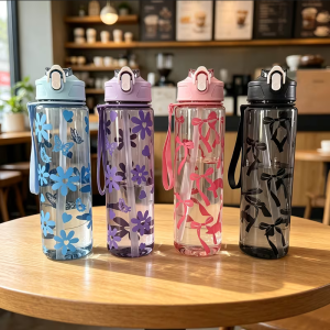 750ML Floral Bow Large Capacity Water Bottle Fresh Easy High Aesthetic Straw Cup with Handle Portable Suitable for Travel