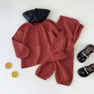 Bear Leader 1-5 Year Old Kids Cotton Clothes Plain Red Christmas Girls Home Wear Pajamas Suit Casual Long Sleeved Pleated Round Neck Top + Pants Two-piece Set Cotton New Years Outfits