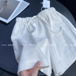 White Cotton Linen Wide Leg Short Pants Womens Summer Korean Style Elastic Waist Drawstring Hot Pants Small Size Linen A-Line Five-Quarter Pants