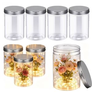 English: Round Clear Straight Plastic Jars Reusable with Silver Aluminum Lids Odorless for Small Items & Home Kitchen Storage