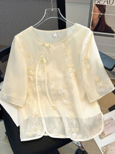 Áo Sơ Mi Nữ Tay Ngắn Rộng Rãi Thêu Nút Cài Phong Cách Trung Hoa Cổ Tròn Mùa Hè Giảm Tuổi Tác Chất Liệu Cotton Pha Trộn