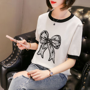 LUCKIN STORE Top for women 2025 Summer  Blouse Womens Short Sleeve Top Loose Slim Knitted Shirt Womens T-Shirt