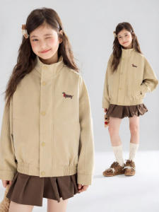 MUCMUKN | Glossy Twill Cotton Stand-up Collar Jacket With Red Scarf And Dachshund Embroidery For Girls