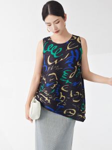 Casual Loose Womens Sleeveless T-shirt round Neck Design Fashionable Outerwear Summer Thin Polyester Pure Color Straight Cut