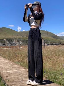 กางเกงยีนส์ขากว้างเอวสูงทรงหลวมสำหรับผู้หญิงไซส์ใหญ่ ฤดูใบไม้ร่วง 2024 กางเกงขายาวทรงตรงลำลอง