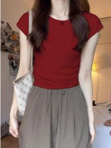 Peri Red Ice ผ้าไหม เสื้อยืดแขนสั้นถัก ผู้หญิง ฤดูร้อน สลิมฟิต คอกลมแขนสั้น เสื้อท่อนบน ชุดทํางานสไตล์ K