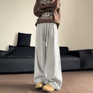 ROMON | Romon Linen Casual Pants Men Summer Thin Loose Straight Ice Silk Quick Dry Wide Leg Chinese Style Long Trousers Trendy