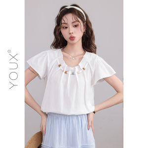YOUXIANG | Áo Sơ Mi Nữ Tay Ngắn Màu Xanh Nhạt Thiết Kế Độc Đáo