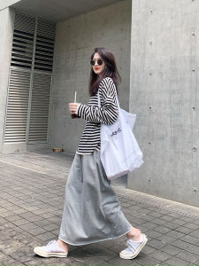 Loose High Waist A-Line Sweatshirt Dress Grey Casual Midi Skirt Women Spring Summer Autumn New Style Slim Long Skirt