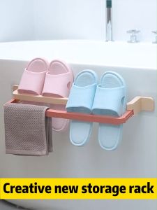 Modern Creativity Multifunctional Without Punching Bathroom Slippers Rack Wall Hanging Double Layer Pull-out Foldable Retractable Hole-free Toilet Towel Rack Towel Holder