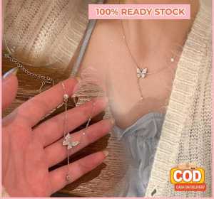 Bundara Acc-1495 Korean style Liontin Kupu-Kupu Kristal Mutiara Silver Kalung Rantai Choker wanita