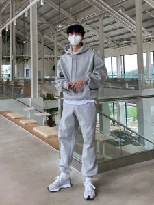 Casual Hooded Sweater Set Male Fancy Pure Color K-style Ins Trendy Two-Piece Suit Easiest for Match Loose Track Pants