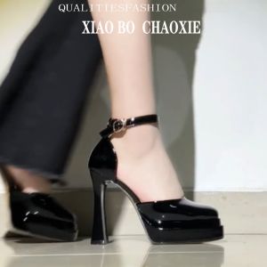 Mary Jane รองเท้าแตะส้นหนาแพลตฟอร์ม ผู้หญิง หัวเข็มขัดกลวง เซ็กซี่ ส้นหนา 12 ซม. < Ne2> รองเท้าส้นสูงแฟชั่นโชว์รองเท้า