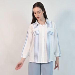 QUEENTIN Kemeja Casual Wanita 5002 Katun Silk Salur Lengan Panjang