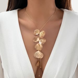 PuRui Trendy Gold Color Metal Petal Charm Long Tassel Necklace for Women Choker Chest Chain Jewelry Collar Gifts Party Wedding