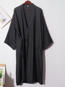 Mens Summer Pure Cotton Kimono Style Bathrobe Medium Length Home Wear Open Cardigan Style Grey Black Japanese Style Robe